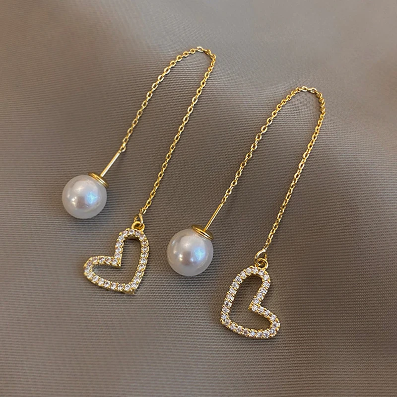 

2021 New Classic Pearl Pendant Rhinestone Heart Modeling Ear Line Fashion Korean Jewelry For Women Party Girls Dangle Earrings