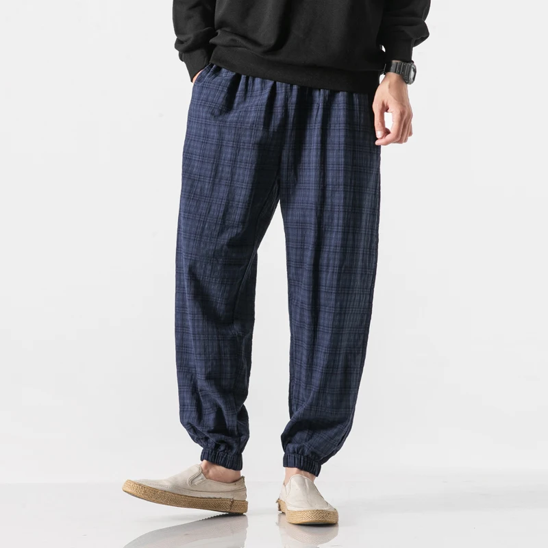 Autumn New Casual Pants Men Cotton Linen Slim Fit Grid Fashion Trousers Male Brand Clothing Plus Size 5XL Y1864