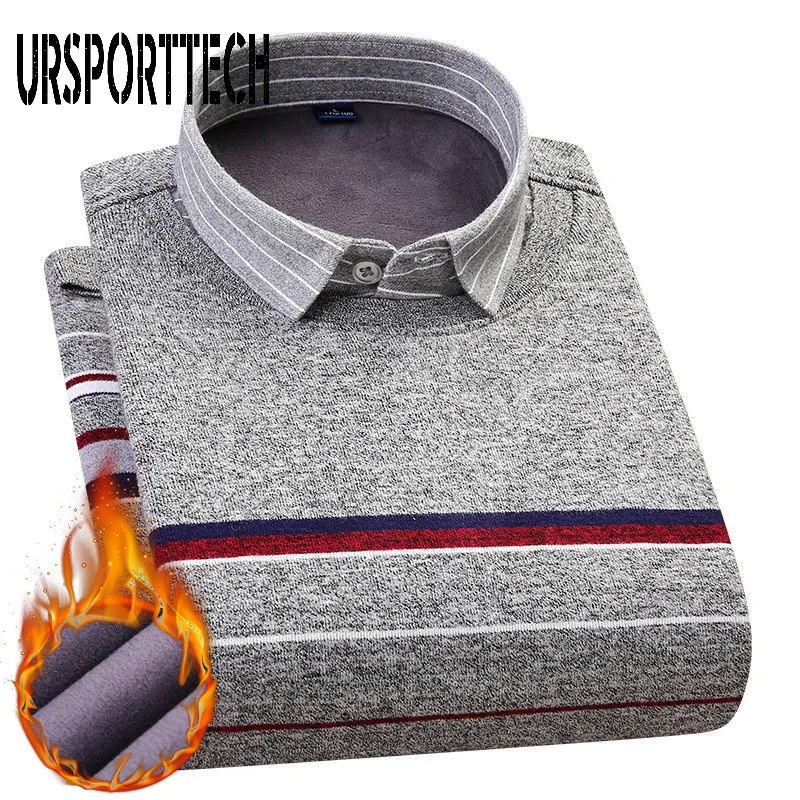 Мужская теплая зимняя рубашка с длинным рукавом и отложным воротником размеры до