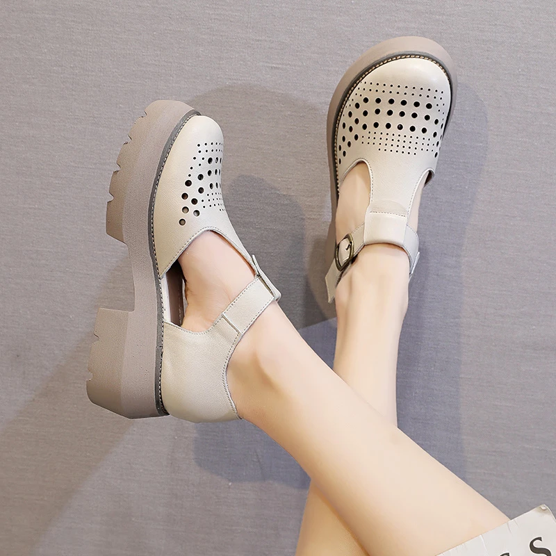 

Genuine Leather Women's Versatile Retro Thick Soles Shoes 2021 Summer New Baotou Buckle Hollow Out Square Heel Female Sandals