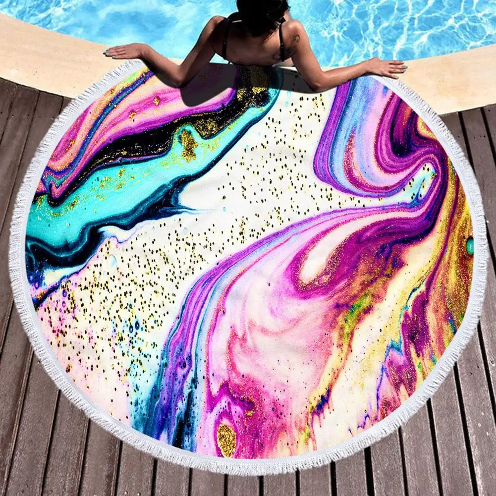 

Microfiber Marble Abstract Pattern Beach Towel Round Large Watercolor Yoga Towel With Tassel Beach Mat Blanket Cover