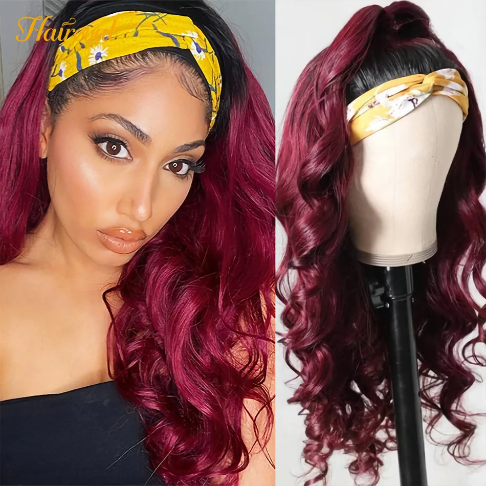 

Headband 1B/99J Burgundy Body Wave Wig Human Hair Glueless Full Machine Made Wigs Brazilian Human Hair Scarf Wig For Black Women