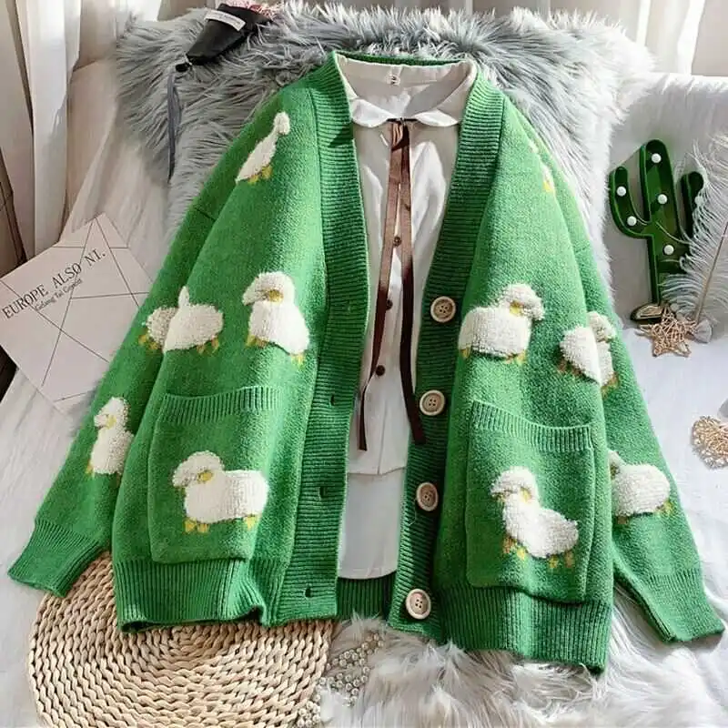 

Female Autumn Knit Loose Cardigan Sheep Sweater Women Cute Cartoon V Neck Coat