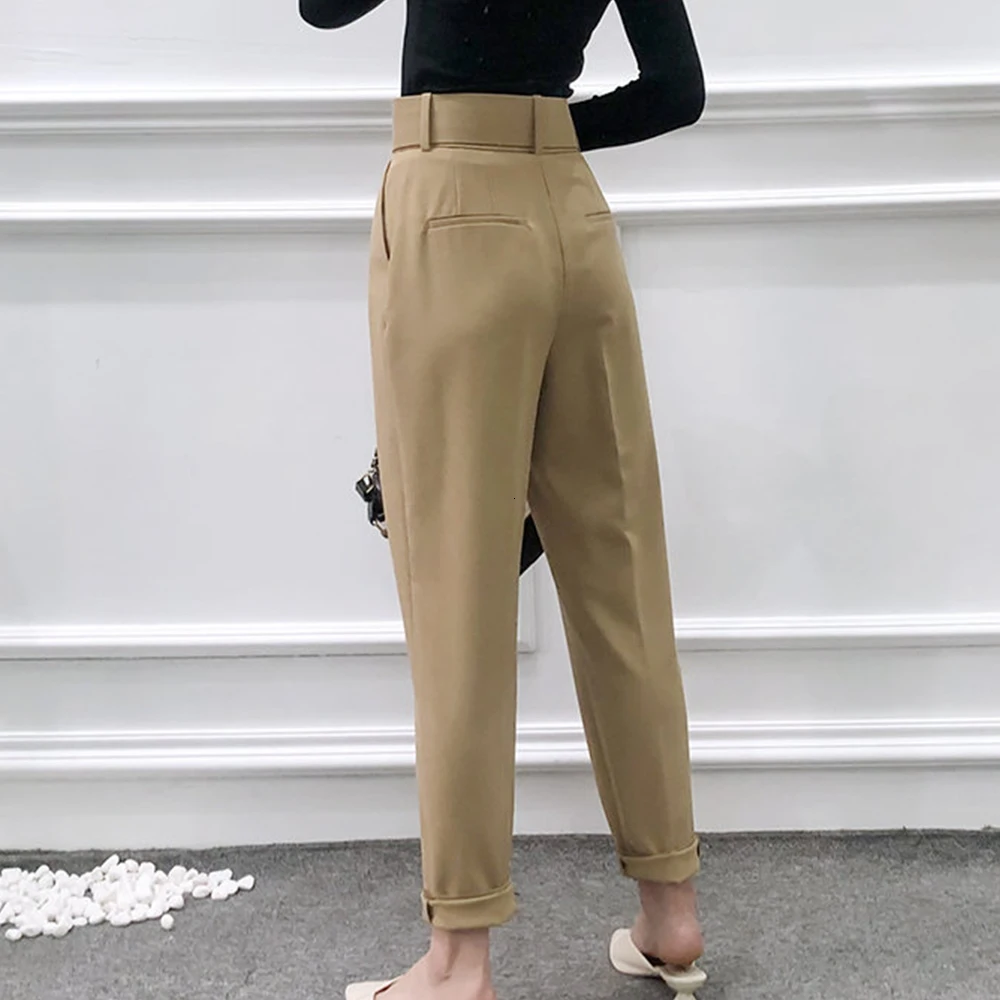 

Gentillove High Waist Sashes Pockets Office Lady Suit Pants Casual Loose Trousers Autumn Ankle-length Capris Black Pink Pants