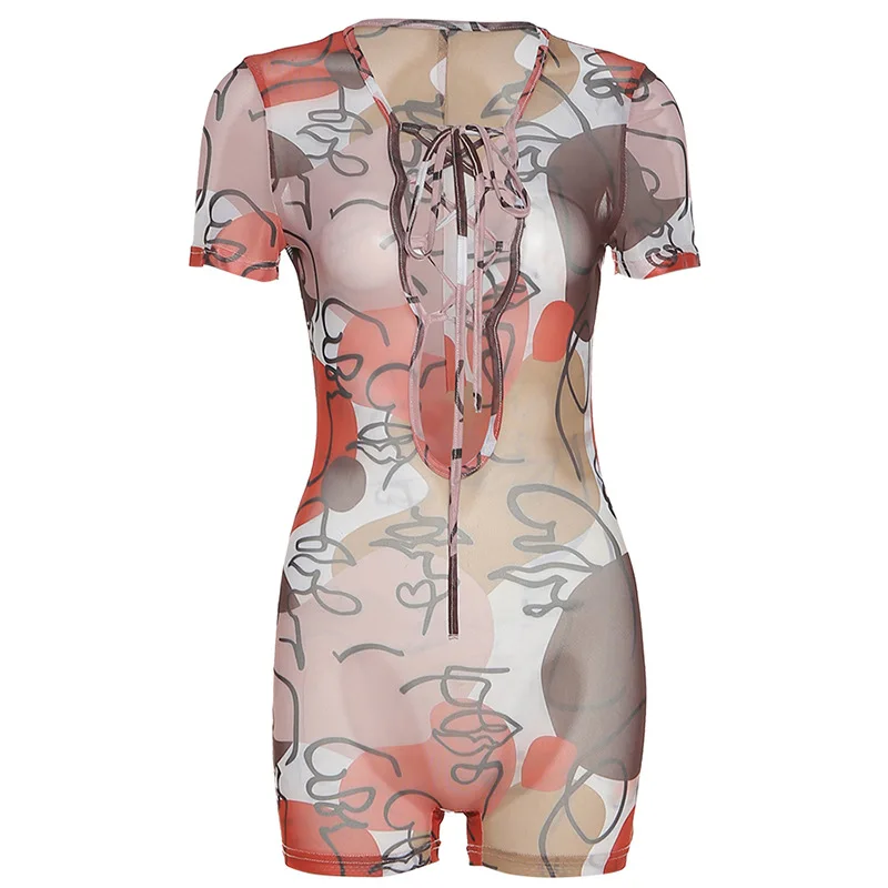 

2021 Summer Women's New Sexy Hollow Mesh Printed High Waist Bandage Casual Sports Jumpsuit