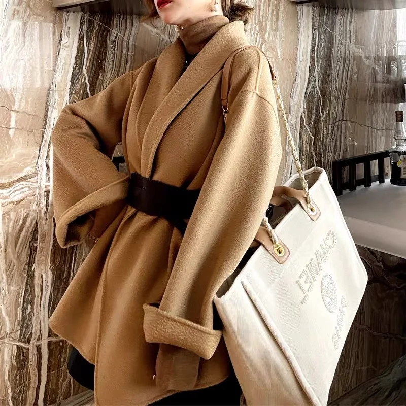 

Water Ripple Double Faced Wool Coat Womens Autumn New Casual Stylish Turn-down Collar Lace-up Short Solid Color Loose Outerwear