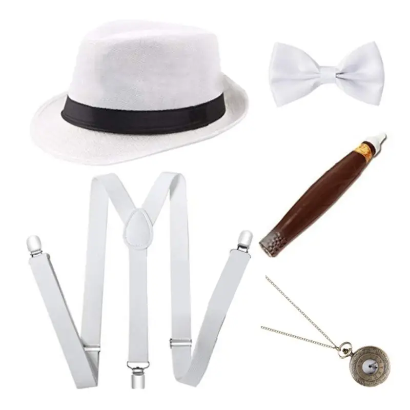 

1920s Mens Cosplay Gangster Costume Accessories Set Manhattan Hat Suspenders Pre-Tied Bow Tie Fake Plastic Cigar Pocket Watch