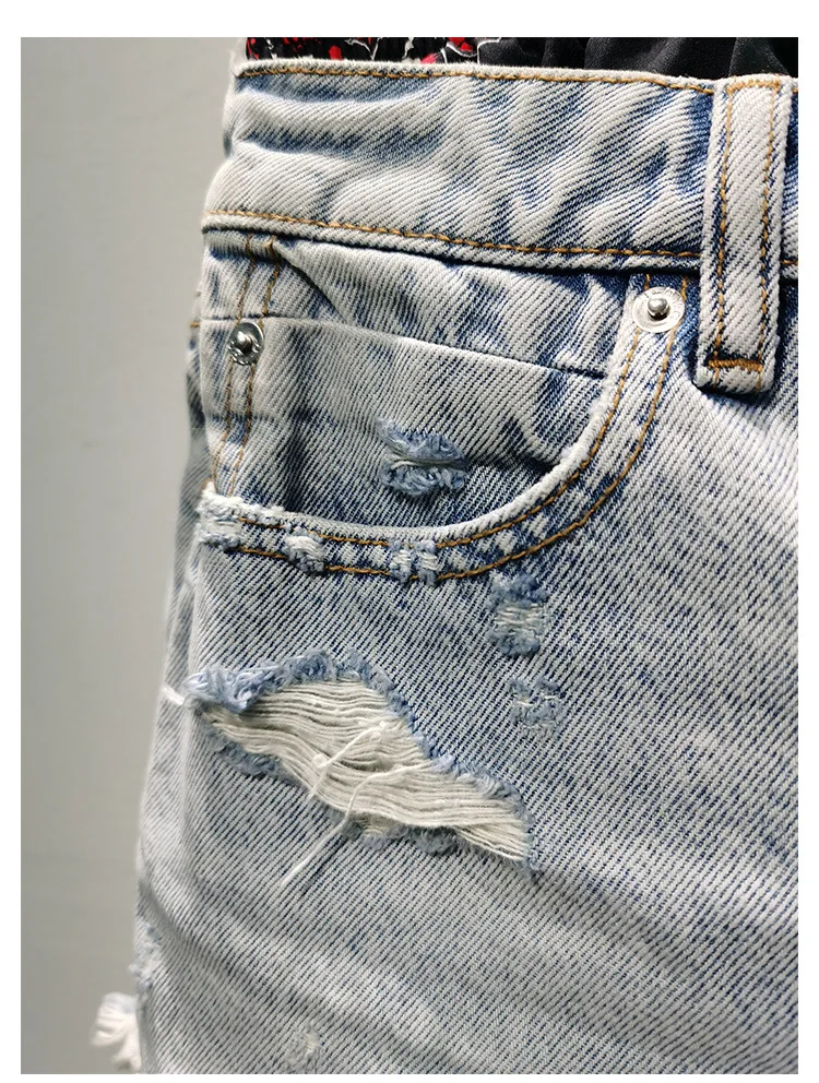 

High Quality AK King Spring and Summer New Print Stitching Two-piece Wash Water Made Old Denim Shorts Women