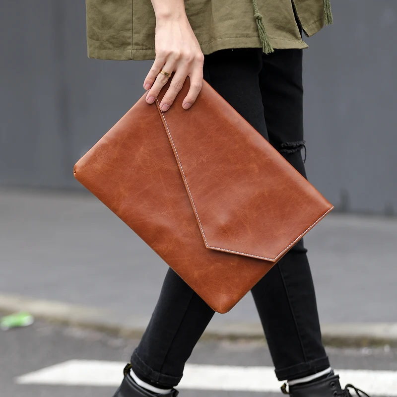 

2021 New Retro Business Men's Envelope Clutch Simple Lager Wallet Crazy Horse Leather PU Hand Document Bag Male Purses Sac