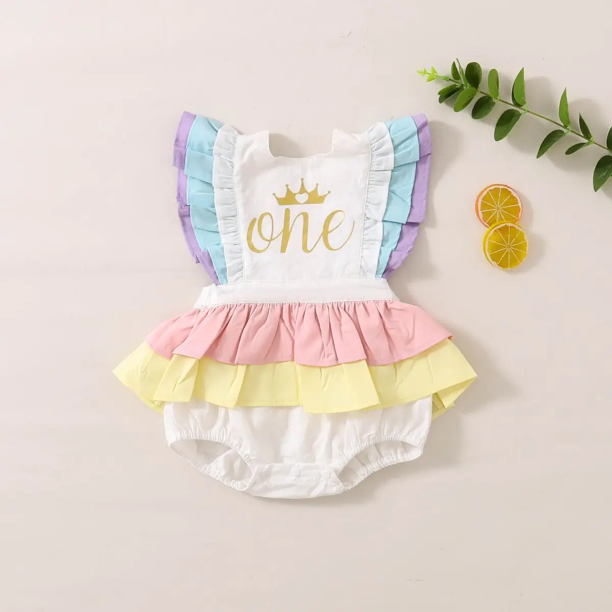 

Baby Girl Cotton Romper, Ruffled Lace Sleeveless Rainbow Romper Golden Letter Crown Print Jumpsuit, Fluffy Skirt 0-24months
