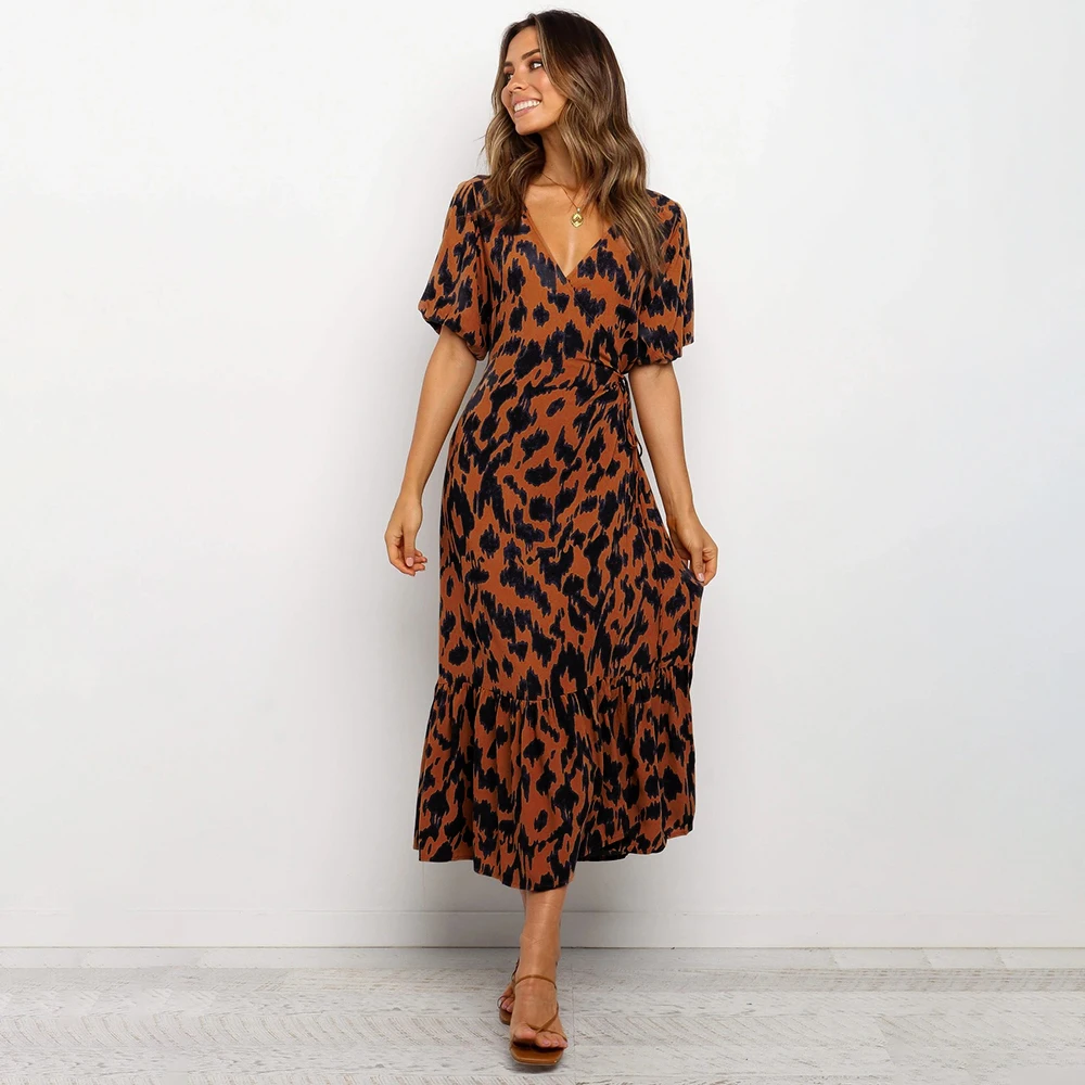 

Sexy Deep V-Neck Women Dress Elegant Summer Ruffles Short Sleeve A-Line Dress Side Split Lady Leopard Midi Dress Vestidos D30
