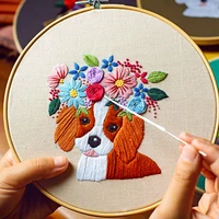 cartoon dog diy flower embroidery starter kit needlework cross stitch set with bamboo hoop for beginner sewing art craft
