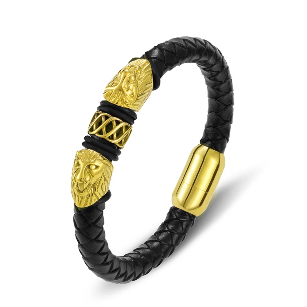 

Casual Luxry Fashion Punk Stainless Steel Magnet Glod Braided Genuine Leather Men's Bracelets Jewelry wholesale Accessories