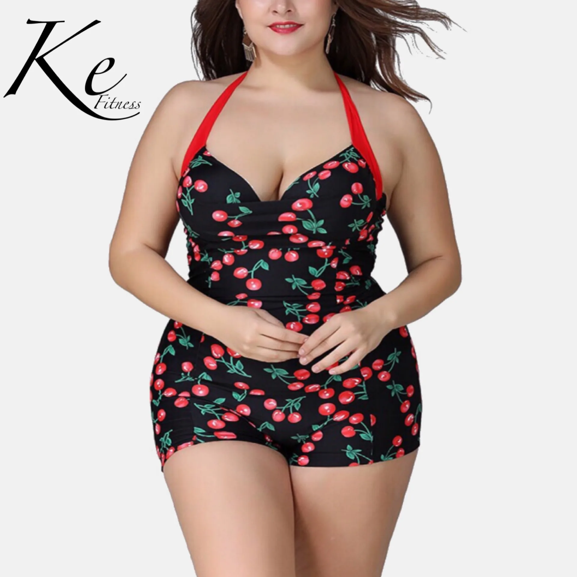 Слитный купальник KE для сиамской женщины вишни до 5XL большой размер плюс