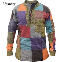 vintage color block patchwork long sleeve shirts for men casual lace up stand collar tops 2021 autumn mens harajuku streetwear