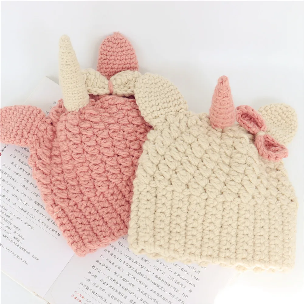 Детская шапка-бини с единорогом теплая вязаная шерстяная шапка бантом