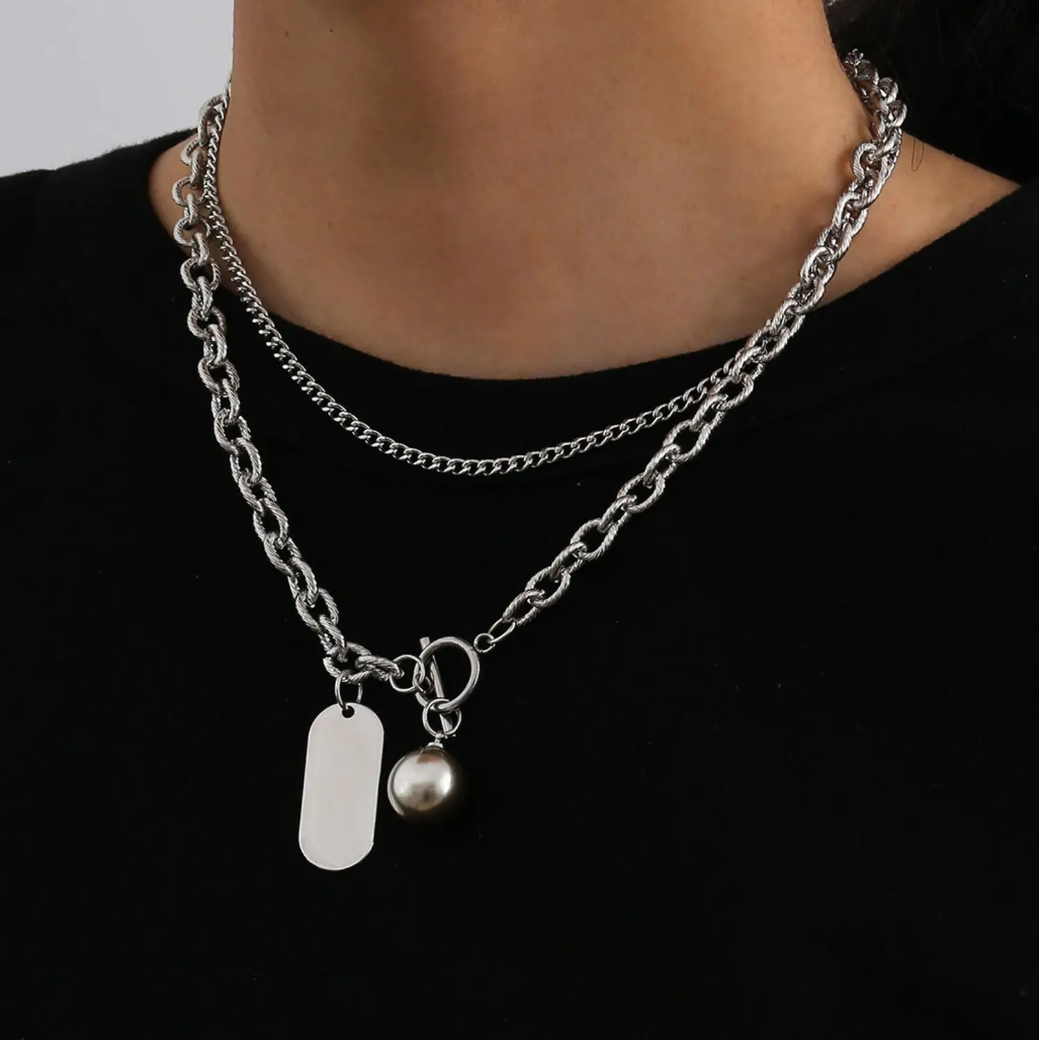 

2PCS Stainless Steel Geometric Choker Necklace for Women Layered Larist Lasso Men Ball Pedant Necklace Couple Collar Jewelry
