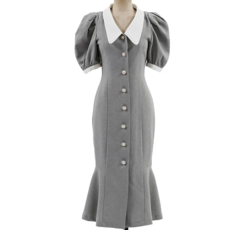 

2021 summer vintage pearl button mermaid dress women puff sleeve slim package hip trumpet dress