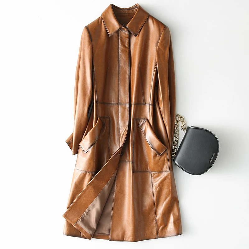 

2020 Genuine Leather Jacket Women Spring Autumn casual ladies Jackets Long Slim Real Sheepskin trench Coat Female 28217