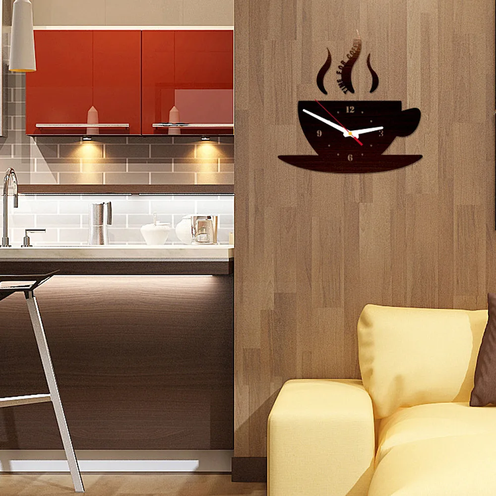 Съемный зеркальный 3d стикер в форме кофе акриловые декоративные часы для