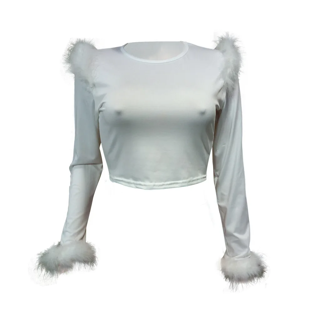 

Long Sleeve Patchwork Feather T Shirt Women Solid Color White Furry T Shirt O Neck Fashion Crop Top Night Club Wear