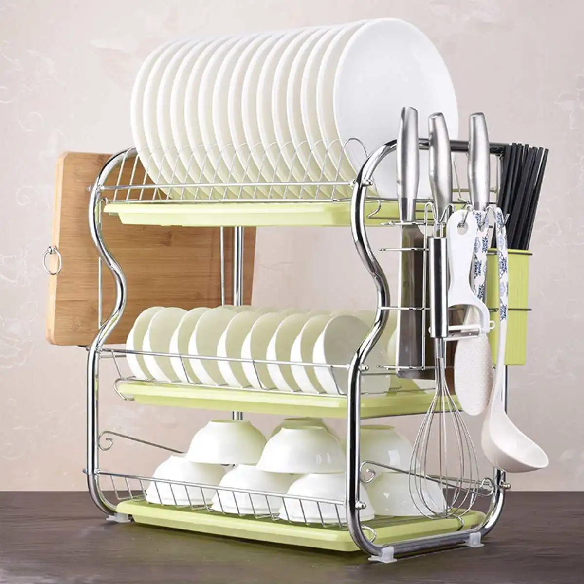 

3 Tiers Dish Drainer Chrome-plated Kitchen Dish Rack Storage Shelf Washing Holder Basket Knife Sink Drying Organizer