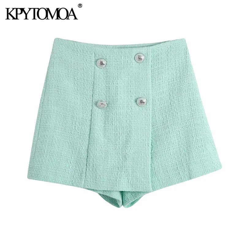 

KPYTOMOA Women 2021 Chic Fashion With Buttons Tweed Shorts Skirts Vintage High Waist Side Zipper Female Skorts Mujer