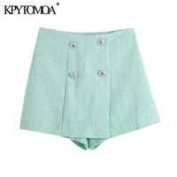 kpytomoa women 2021 chic fashion with buttons tweed shorts skirts vintage high waist side zipper female skorts mujer