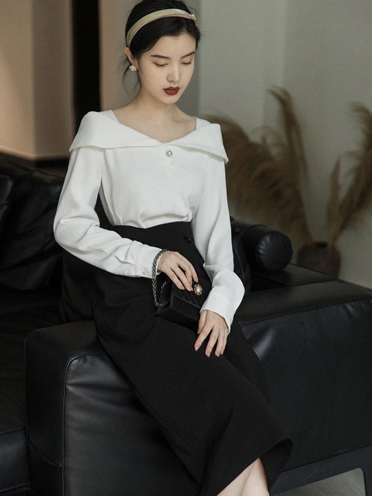 

2021 modern autumn suit women French style retro shirt with half A-line skirt two-piece suit elegant professional oriental suit