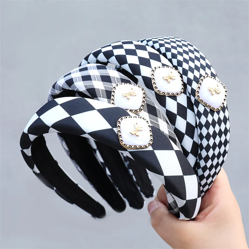 

New Fashion Black White Lattice Grid Wide Edge Headband For Woman Girl Resin Bow Sponge Hair Hoop HairBand Hair Accessories Gift