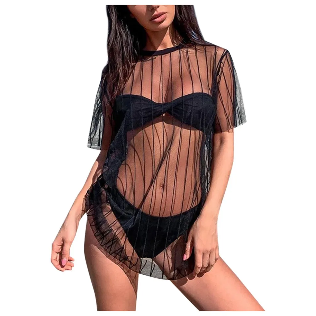 

Sexy Mesh Sheer See Through Bikini Cover Up Women Sarong Bathing Suit Swimwear Beach Mini Dress Swimming Suits Cover-ups Black