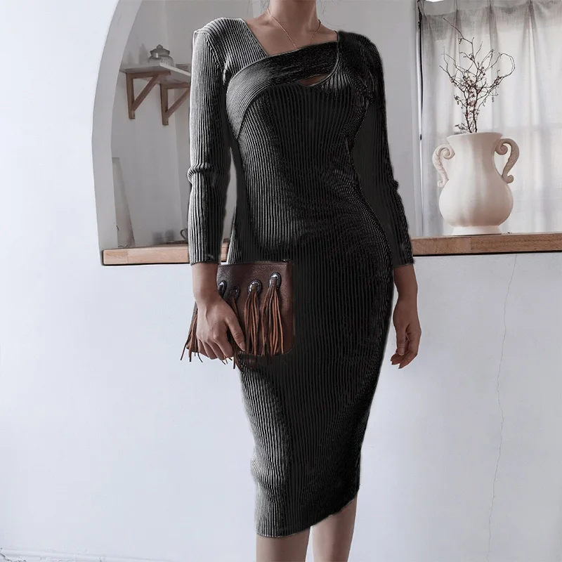 

Autumn Knitted Irregular Collar Women's Mid Dress Long Sleeve Back Split Female Dresses Streetwear Solid Slim Sexy Lady Clothes