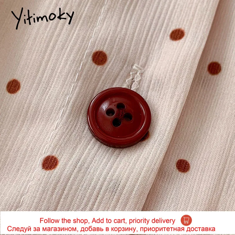

Yitimoky Polka Dot Puff Sleeve Blouse Women Button Up Tops Shirts 2021 Spring Sweet Style Chiffon Korean Fashion Lace Clothes