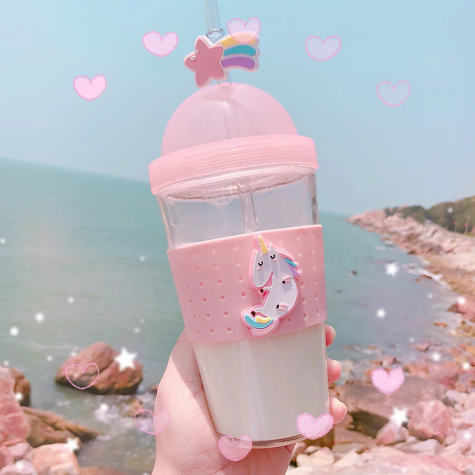 Boxi Kpop Kawaii стеклянная бутылка для воды для девочек, мультяшная Милая бутылка для воды для детей и взрослых, чашка для воды с крышкой и соломенными ручными чашками