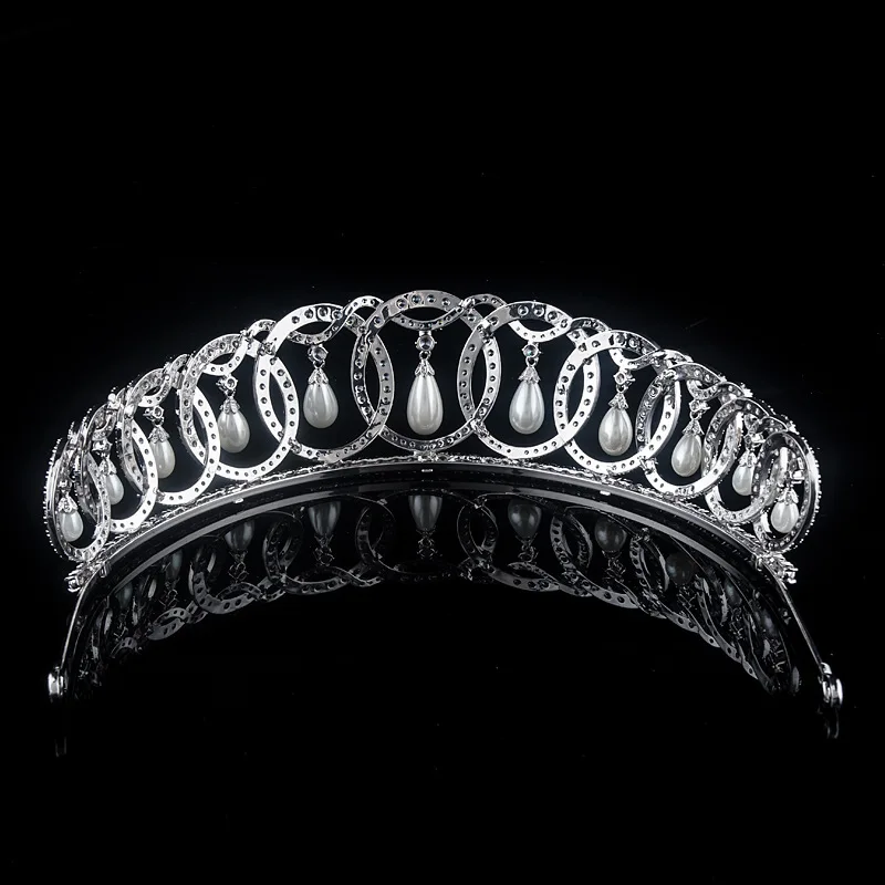 13,5 дюймов Elizabeth Pearl Tear Crown Высокая чистота экологически латунь AAA циркон белые золотые диадемы для свадебных женщин