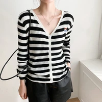 striped knitted cardigan sweater women spring autumn thin knitwear cute cartoon cat v neck long sleeved basis tops
