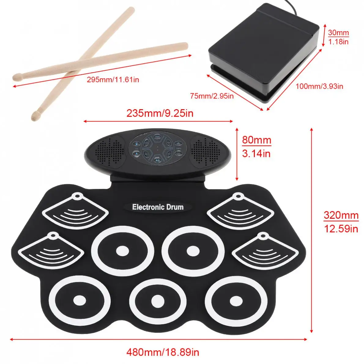 

9 Pads Electronic Roll up Thicken Silicone Drum Double Speakers Stereo Electric Drum Kit with Sustain Pedal