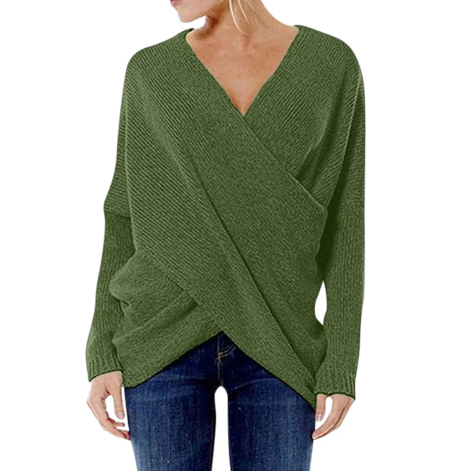 

Женский трикотажный свитер с асимметричным подолом, повседневный Однотонный пуловер свободного покроя с V-образным вырезом, в винтажном ст...