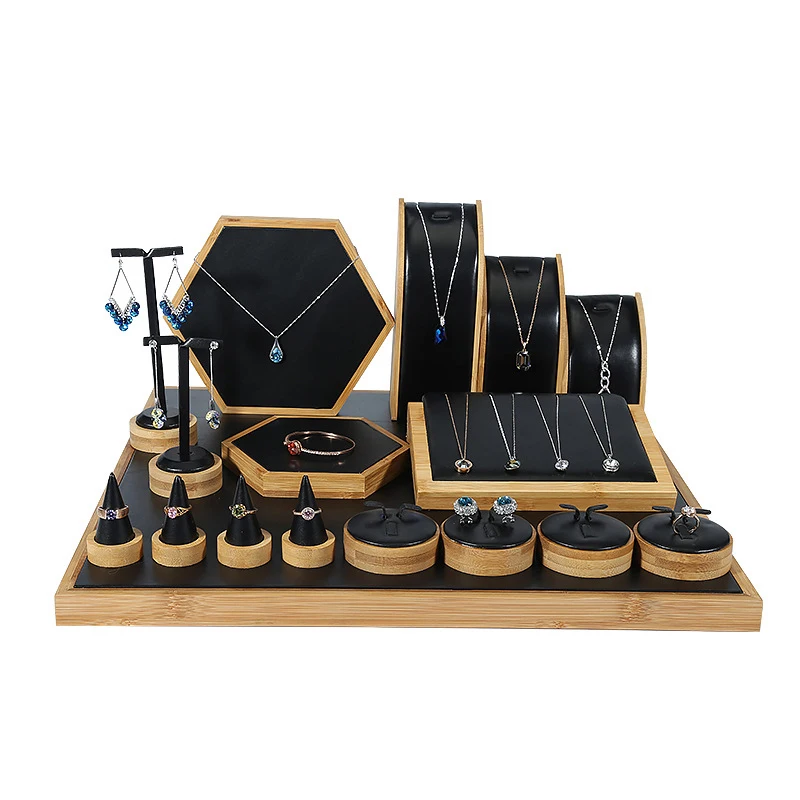 Bamboo wood PU jewelry counter display props set ring earrings necklace jade jewelry display props