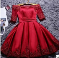 short satin red bridesmaid dresses half sleeves lace applique boat neck junior wedding party gowns vestidos