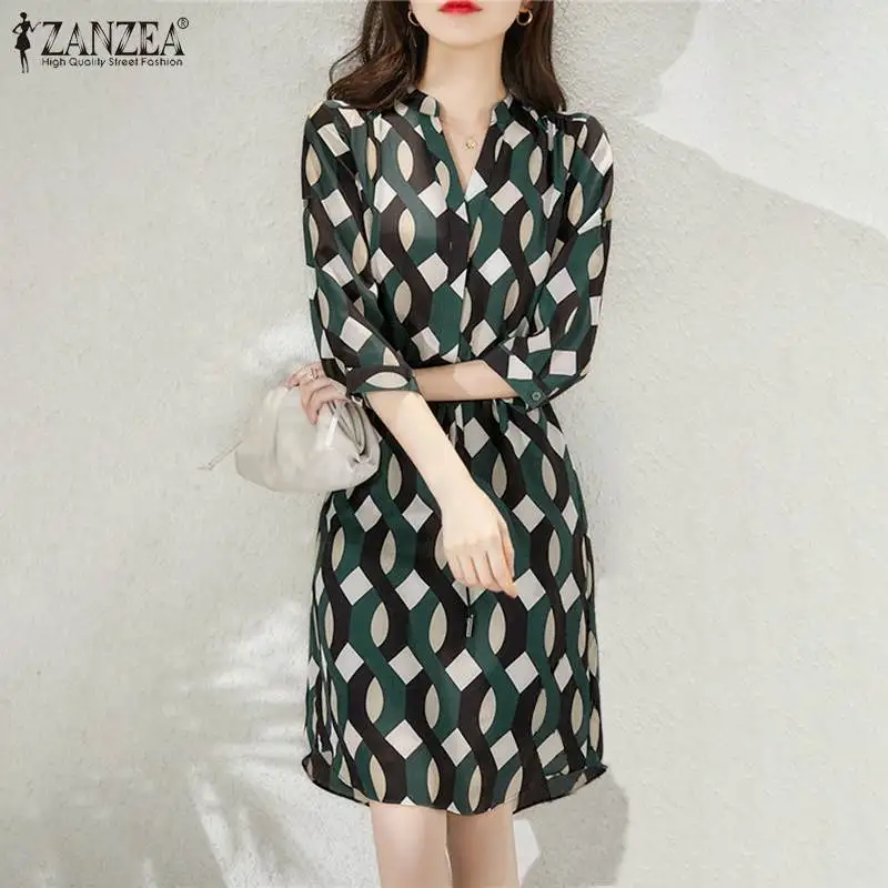 

ZANZEA Women 3/4 Sleeve V Neck Sundress Vintage Checked Printed Kaftan Lady Autumn Casual Shirt Dress Loose Lace Up Tunic Kaftan