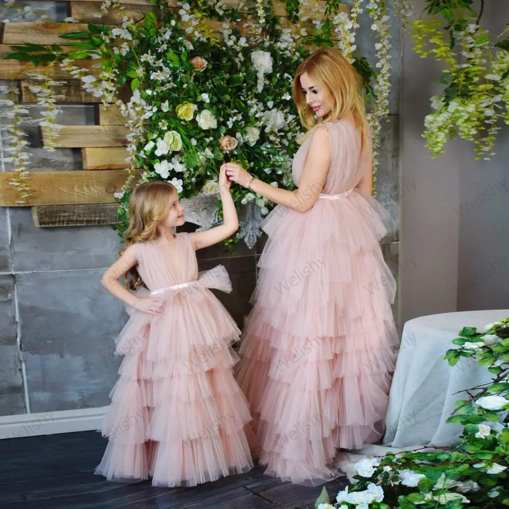 Милое розовое Тюлевое платье для мамы и я пышная ярусная Женская детская Тюлевая