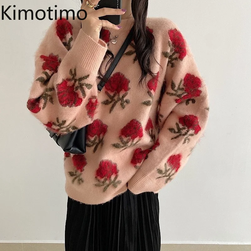 

Kimotimo Rose Embroidery Sweater Women Autumn Winter Loose Lazy O-neck Pullover Korean Chic Vintage Mid-length Sweaters Coats