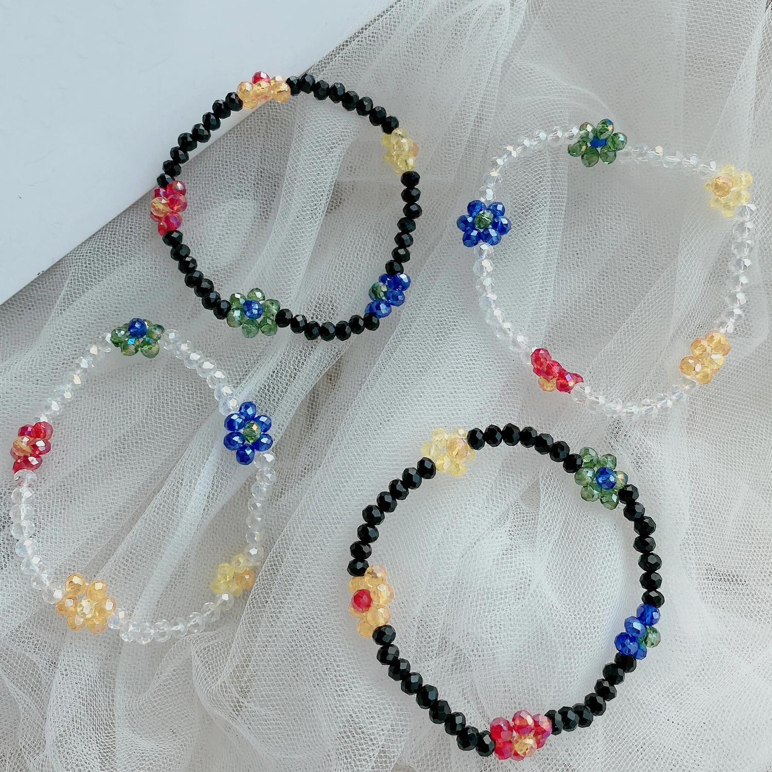 

Trendy Sweet Colorful Crystal Flower Bracelet Handmade Elastic Wristband Clear Bead Wristlet for Women Girls Party Jewelry
