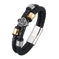 fashion black double genuine leather bracelet men flower pattern stainless steel retro male wrist band hand jewelry gift pd0956