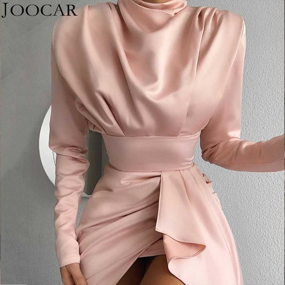 

free shipping 2020 joocar sexy women O NECK long sleeve bodycon folds split ribbon dress JC1371