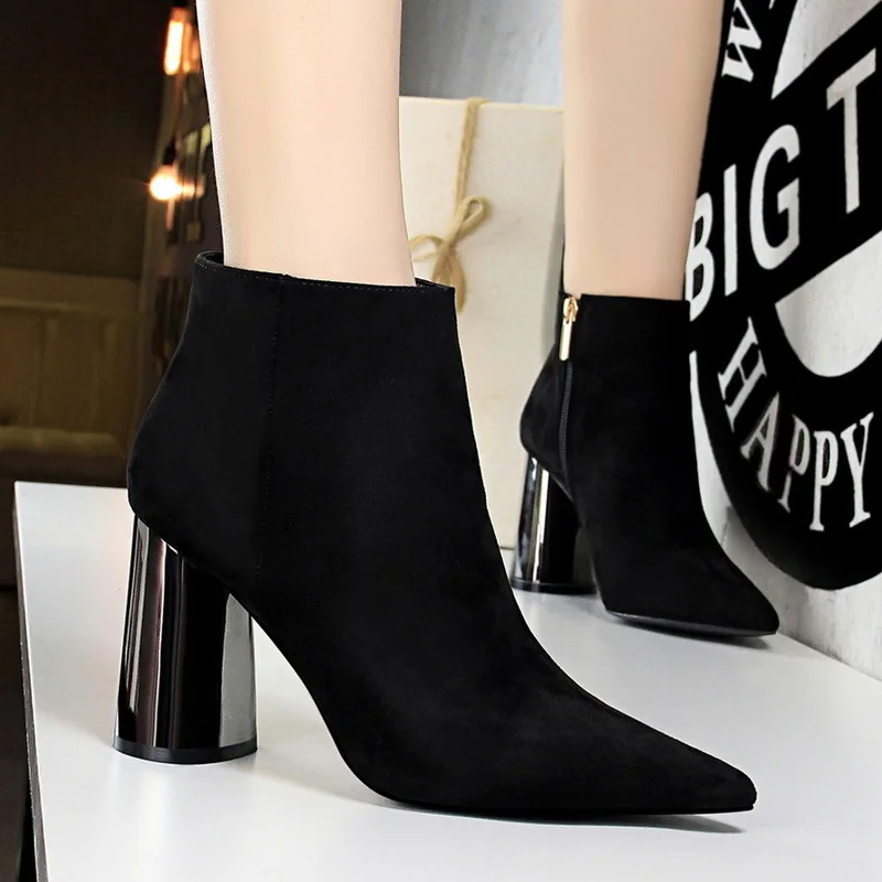

Women Black Ankle Sock Boots 2019 Fashion Spring Autumn Flock Boots Chunky High Heels Pointed Toe Women Shoes