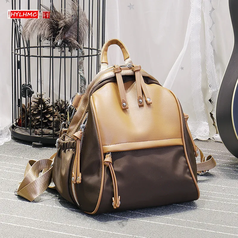 2021 New Leather Women's Backpack Waterproof Oxford Cloth with Cowhide All-Match Dual-Use Canvas Backpack Large Capacity Bag