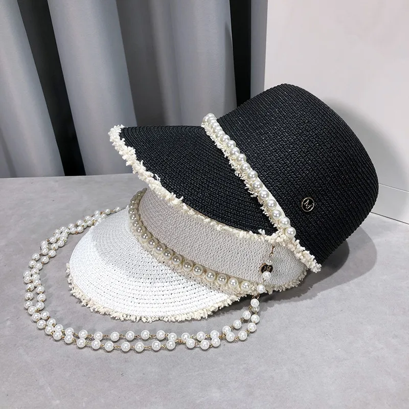 

202103-2508711 new summer paper pearl ribbon chain lady leisure baseball hat women leisure visors cap