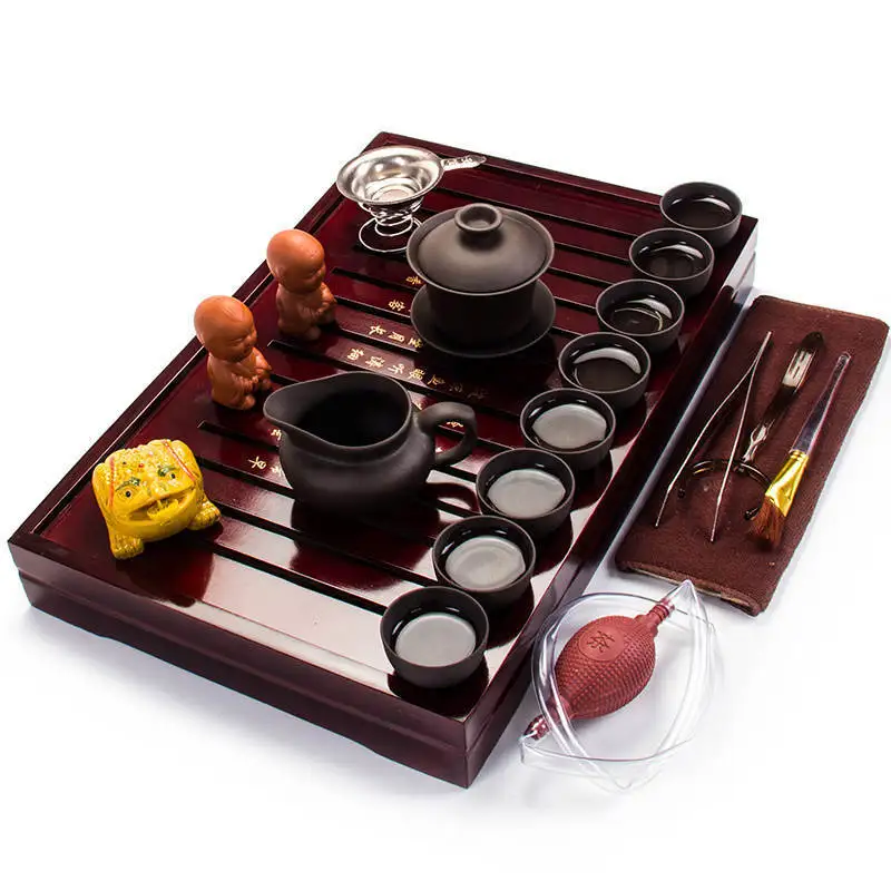 

Чайный набор кунг-фу полный набор чайников из синего и белого фарфорового керамического чайника, чайный поднос из массива дерева для чайной...